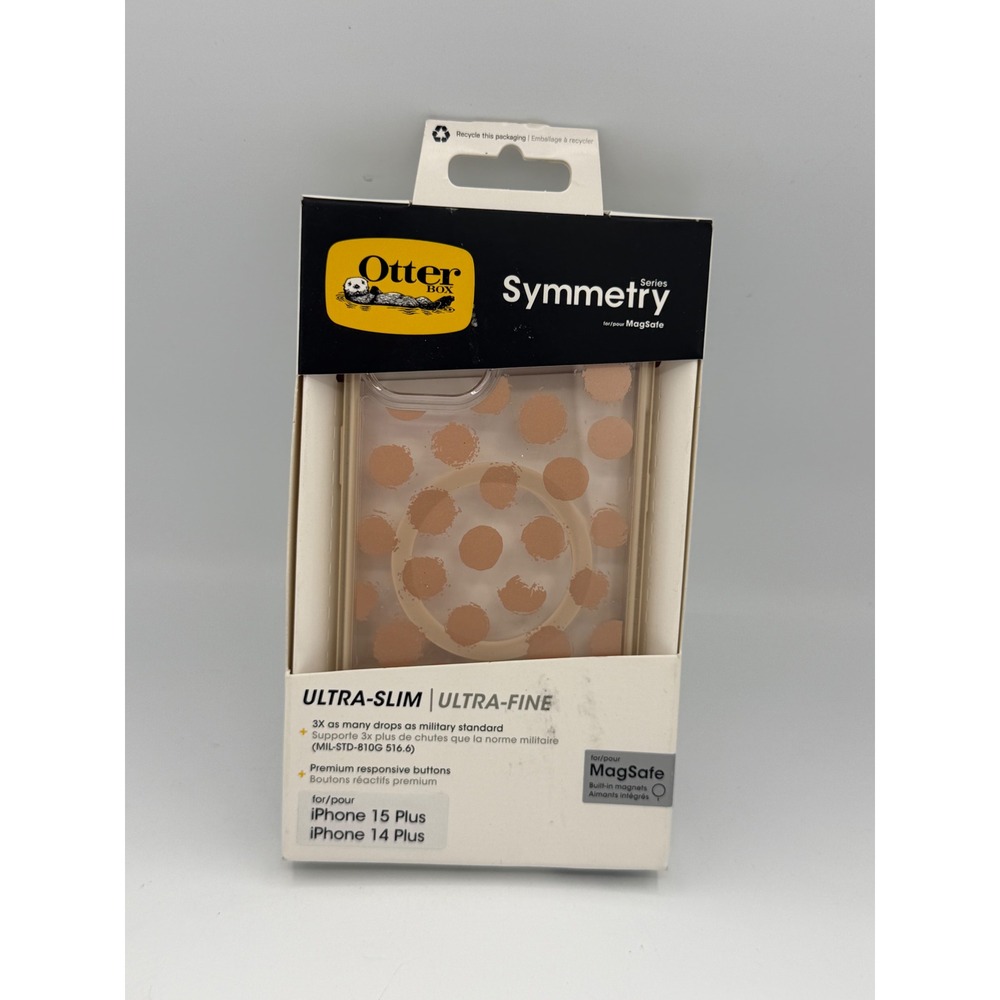 OtterBox Symmetry iPhone 15/14 Plus Case NIB Peach Polka Dot MagSafe Slim